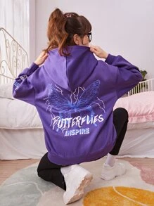 SHEIN Áo nỉ in hình bướm và chữ dành cho nữ tuổi teen - Màu tím  Violet - Xem 3