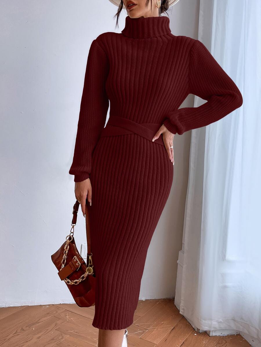Chiquease Turtle Neck Slit Hem Belted Jumper Dress - Burgundy - View 1