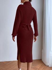 Chiquease Turtle Neck Slit Hem Belted Jumper Dress - Burgundy - View 2