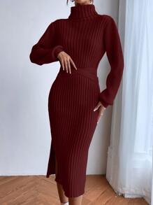 Chiquease Turtle Neck Slit Hem Belted Jumper Dress - Burgundy - View 3