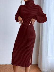 Chiquease Turtle Neck Slit Hem Belted Jumper Dress - Burgundy - View 6
