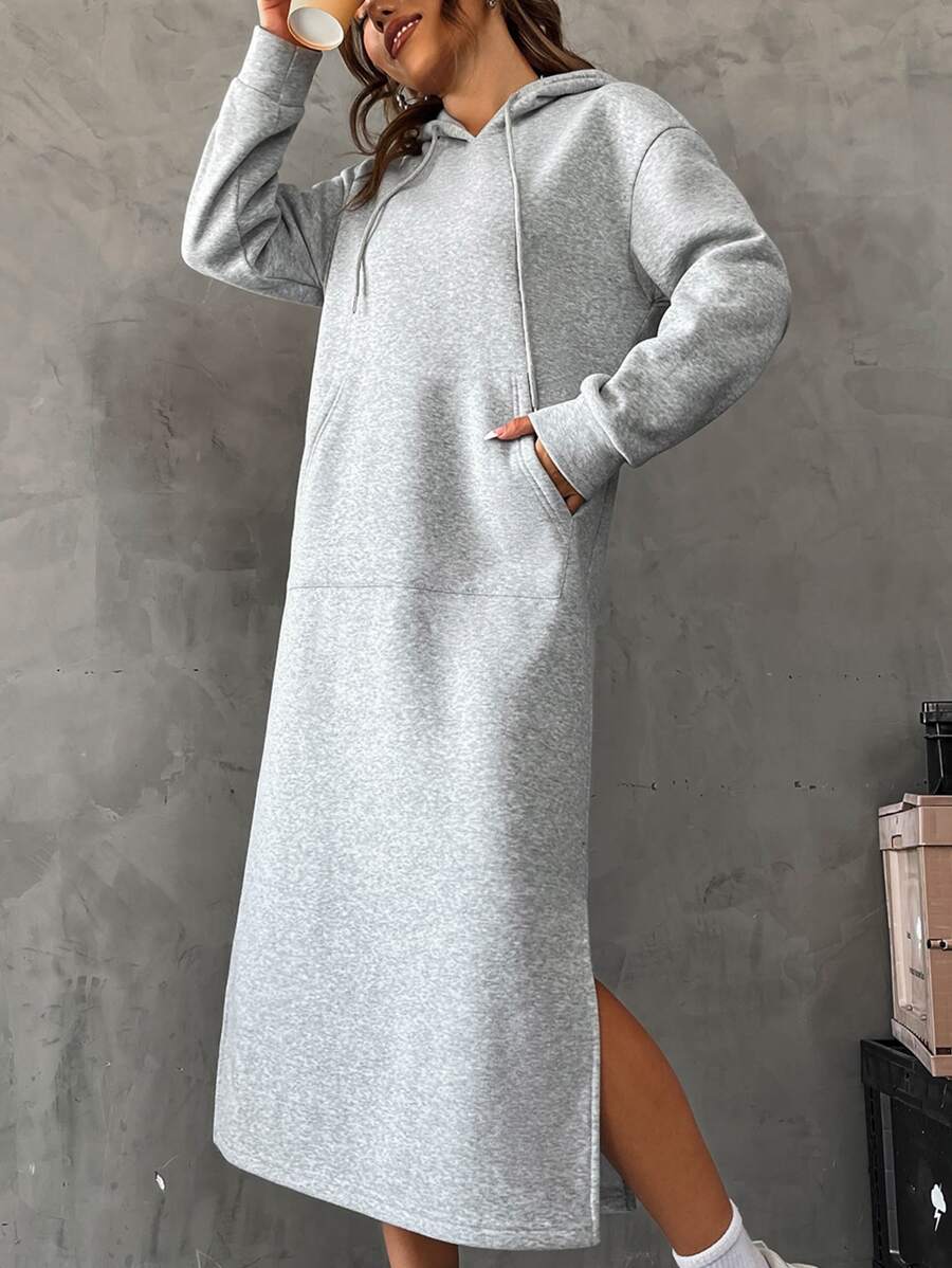 SHEIN Essnce Kangaroo Pocket Split Hem Drawstring Hoodie Dress - Grey - View 1