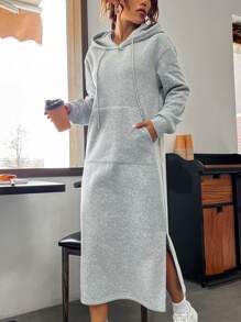 SHEIN Essnce Kangaroo Pocket Split Hem Drawstring Hoodie Dress - Grey - View 4