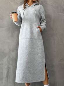 SHEIN Essnce Kangaroo Pocket Split Hem Drawstring Hoodie Dress - Grey - View 5