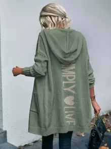 EMERY ROSE Letter Pattern Dual Pocket Drop Shoulder Hooded Cardigan - Mint Green - View 1