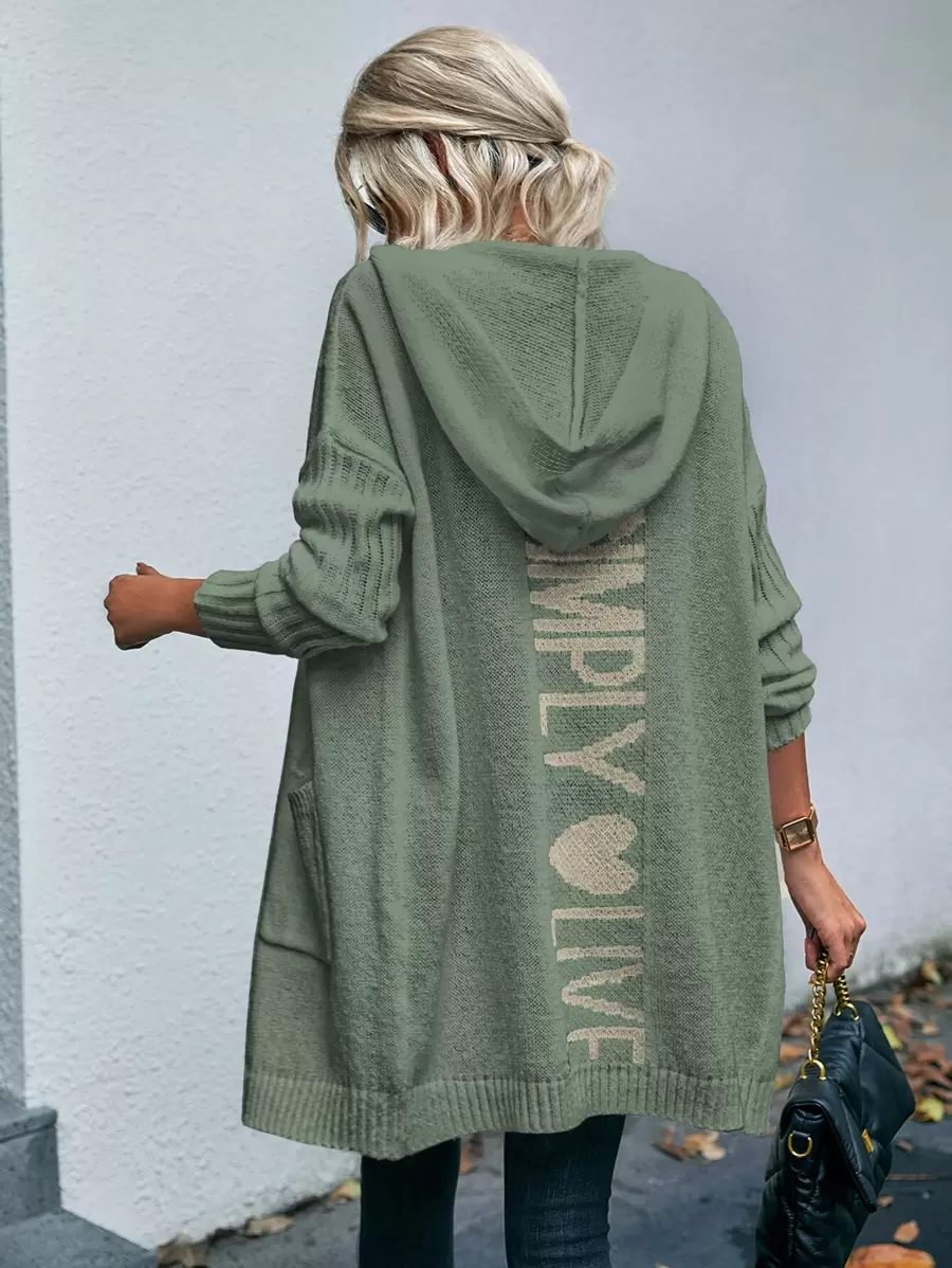 EMERY ROSE Letter Pattern Dual Pocket Drop Shoulder Hooded Cardigan - Mint Green - View 1