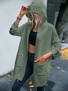 EMERY ROSE Letter Pattern Dual Pocket Drop Shoulder Hooded Cardigan - Mint Green - View 2