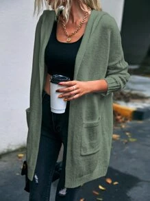 EMERY ROSE Letter Pattern Dual Pocket Drop Shoulder Hooded Cardigan - Mint Green - View 3