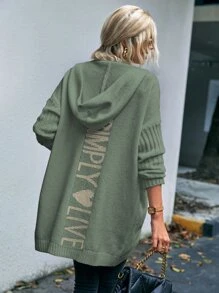 EMERY ROSE Letter Pattern Dual Pocket Drop Shoulder Hooded Cardigan - Mint Green - View 4