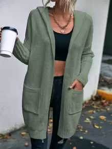 EMERY ROSE Letter Pattern Dual Pocket Drop Shoulder Hooded Cardigan - Mint Green - View 6
