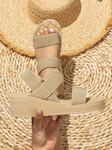 Minimalist Ankle Strap Wedge Sandals - Khaki - View 1