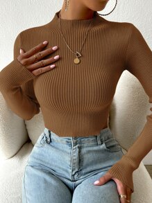 SHEIN Essnce Mock Neck Rib-knit Crop Jumper - Brown - View 3