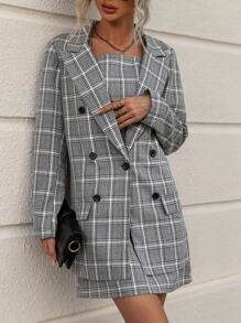 SHEIN Clasi Plaid Print Blazer & Cami Dress - Grey - View 4