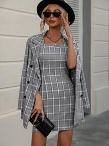 SHEIN Clasi Plaid Print Blazer & Cami Dress - Grey - View 5