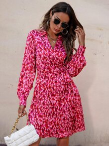 SHEIN LUNE Allover Print Knot Side Wrap Dress - Hot Pink - View 1