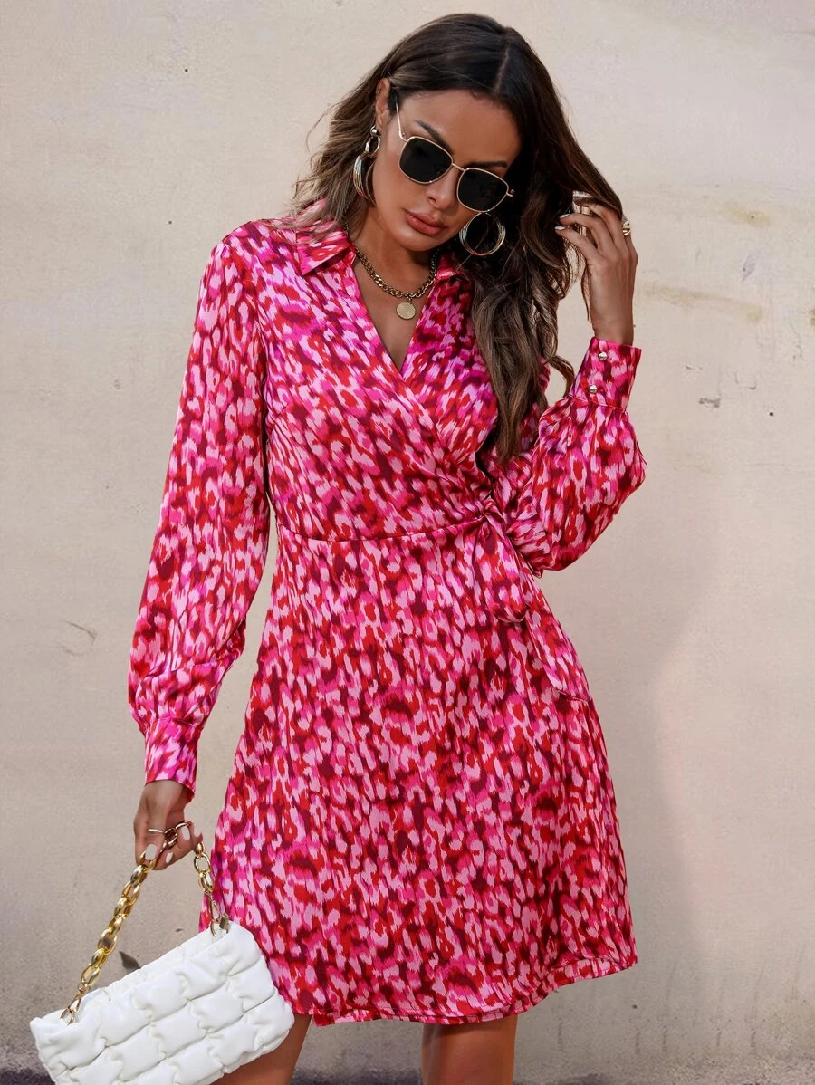 SHEIN LUNE Allover Print Knot Side Wrap Dress - Hot Pink - View 1