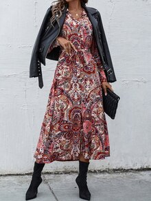 SHEIN Unity Paisley Print Lantern Sleeve Belted Dress - Multicolor - View 2