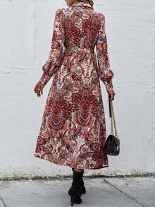 SHEIN Unity Paisley Print Lantern Sleeve Belted Dress - Multicolor - View 3