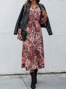 SHEIN Unity Paisley Print Lantern Sleeve Belted Dress - Multicolor - View 5