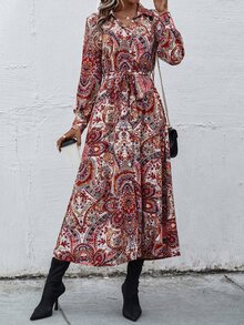 SHEIN Unity Paisley Print Lantern Sleeve Belted Dress - Multicolor - View 6