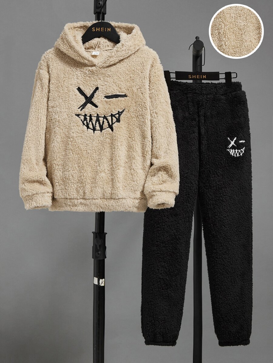 SHEIN Boys Expression Embroidery Flannel Hoodie & Trousers - Multicolor - View 1
