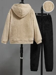 SHEIN Boys Expression Embroidery Flannel Hoodie & Trousers - Multicolor - View 2