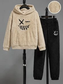 SHEIN Boys Expression Embroidery Flannel Hoodie & Trousers - Multicolor - View 3