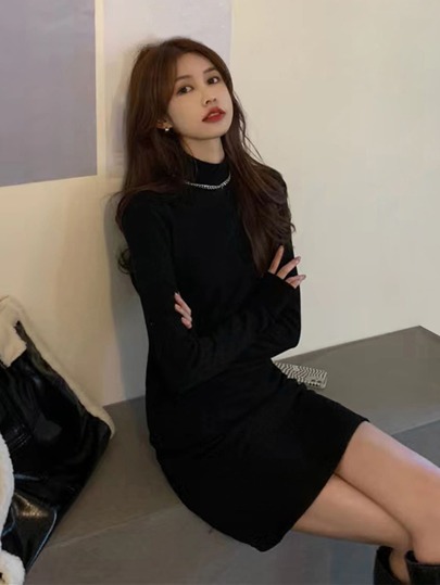 Honeyspot 無地柄 ハイネック ボディコンドレス