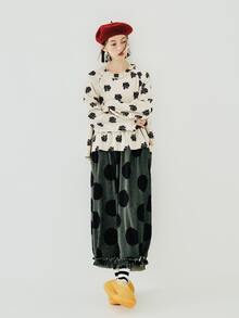 Polka Dot Print Frill Trim Trousers - Army Green - View 4