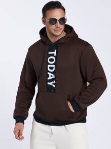 Manfinity Men Plus Letter Graphic Kangaroo Pocket Drawstring Hoodie - Coffee Brown - View 1