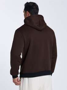 Manfinity Men Plus Letter Graphic Kangaroo Pocket Drawstring Hoodie - Coffee Brown - View 2