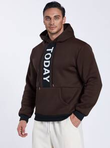 Manfinity Men Plus Letter Graphic Kangaroo Pocket Drawstring Hoodie - Coffee Brown - View 3