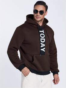Manfinity Men Plus Letter Graphic Kangaroo Pocket Drawstring Hoodie - Coffee Brown - View 4