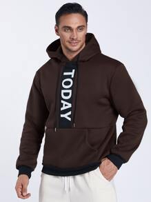 Manfinity Men Plus Letter Graphic Kangaroo Pocket Drawstring Hoodie - Coffee Brown - View 6