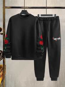 Manfinity Men Floral Print Sweatshirt & Drawstring Waist Sweatpants - Black - View 1