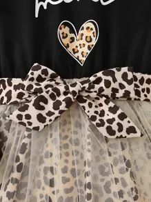 SHEIN Young Girl Heart & Letter Graphic Ruffle Trim Mesh Hem Belted Dress - Multicolor - View 5