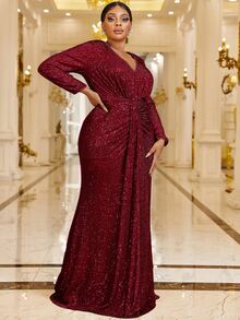 YISIKADO Vestido de vestir fruncido con lentejuelas - Burdeos - Ver 4