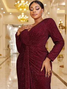 YISIKADO Vestido de vestir fruncido con lentejuelas - Burdeos - Ver 6