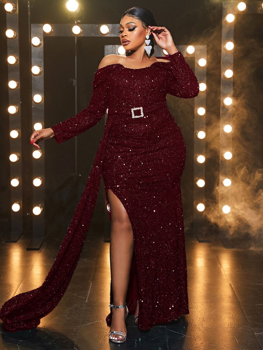 Giffniseti Vestido de hombros descubiertos de muslo con abertura con diamante de imitación con cinturón con lentejuelas - Burdeos - Ver 1