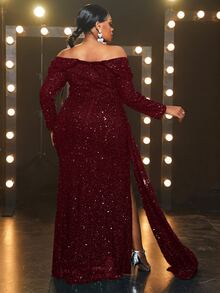 Giffniseti Vestido de hombros descubiertos de muslo con abertura con diamante de imitación con cinturón con lentejuelas - Burdeos - Ver 2