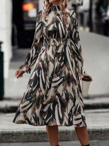SHEIN Clasi Allover Print Flounce Sleeve Shirred Waist Dress - Multicolor - View 1