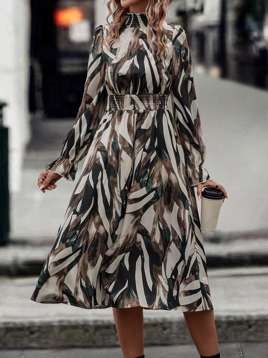 SHEIN Clasi Allover Print Flounce Sleeve Shirred Waist Dress - Multicolor - View 1
