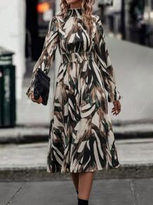 SHEIN Clasi Allover Print Flounce Sleeve Shirred Waist Dress - Multicolor - View 3