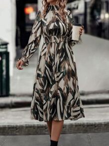 SHEIN Clasi Allover Print Flounce Sleeve Shirred Waist Dress - Multicolor - View 4