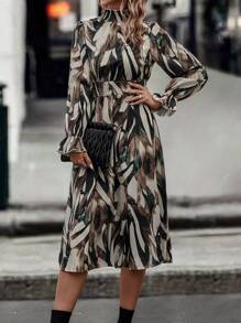 SHEIN Clasi Allover Print Flounce Sleeve Shirred Waist Dress - Multicolor - View 5