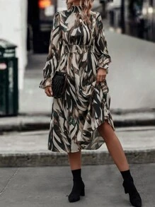 SHEIN Clasi Allover Print Flounce Sleeve Shirred Waist Dress - Multicolor - View 6