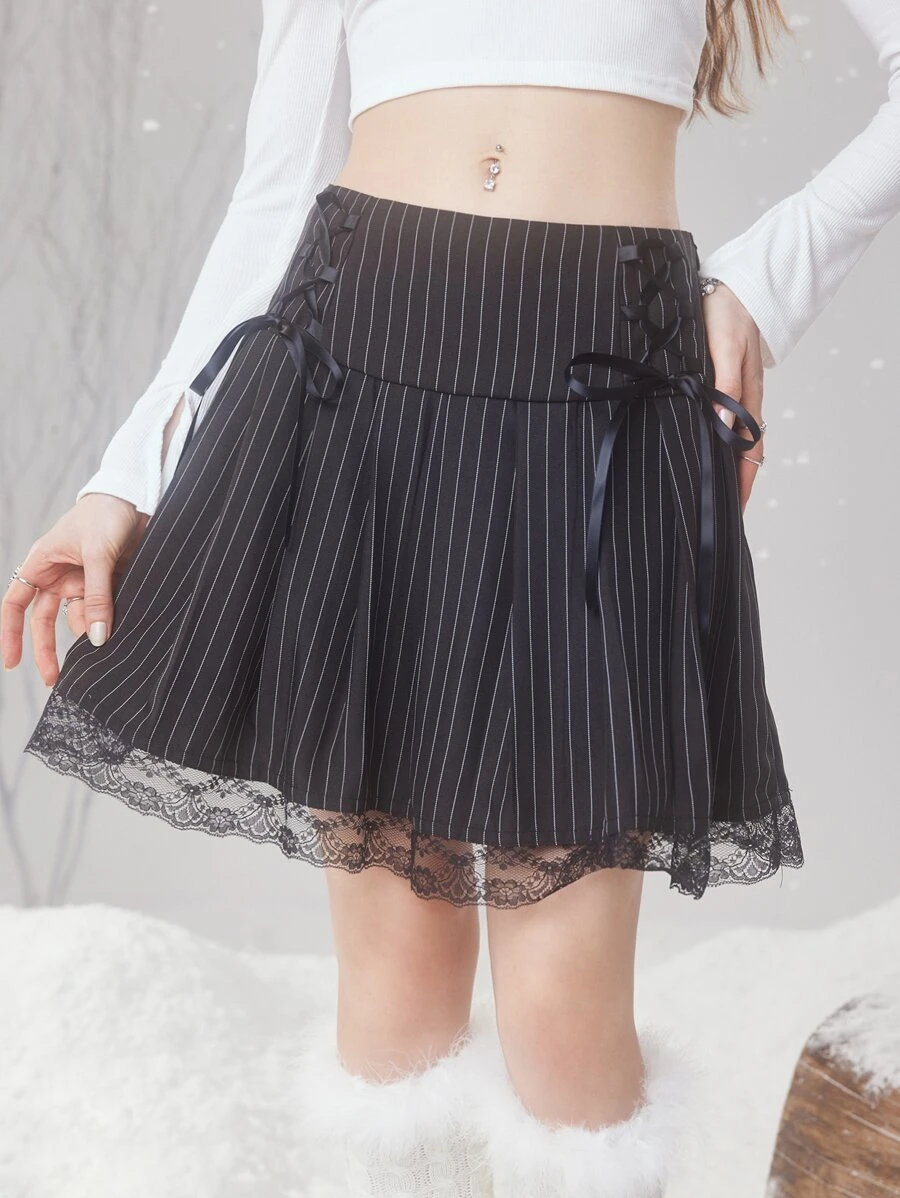 ROMWE Fairycore Lace Up Striped Pleated Skirt - Black and White - View 1