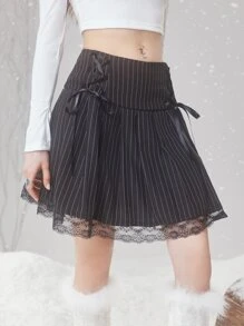 ROMWE Fairycore Lace Up Striped Pleated Skirt - Black and White - View 2