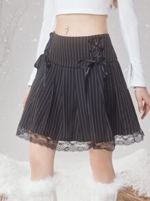 ROMWE Fairycore Lace Up Striped Pleated Skirt - Black and White - View 3