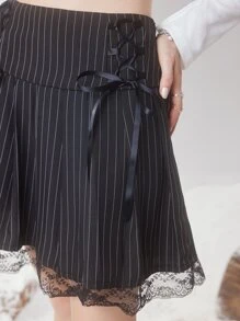 ROMWE Fairycore Lace Up Striped Pleated Skirt - Black and White - View 4